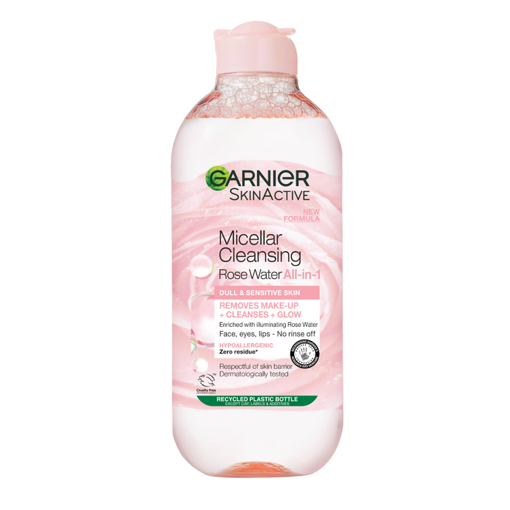Garnier Micellar Rose Water For Dull Skin 400ml, Glow Boosting Face  Cleanser & Makeup Remover, Recognised By The British Skin Foundation, Use  With Reusable Micellar Eco Pads